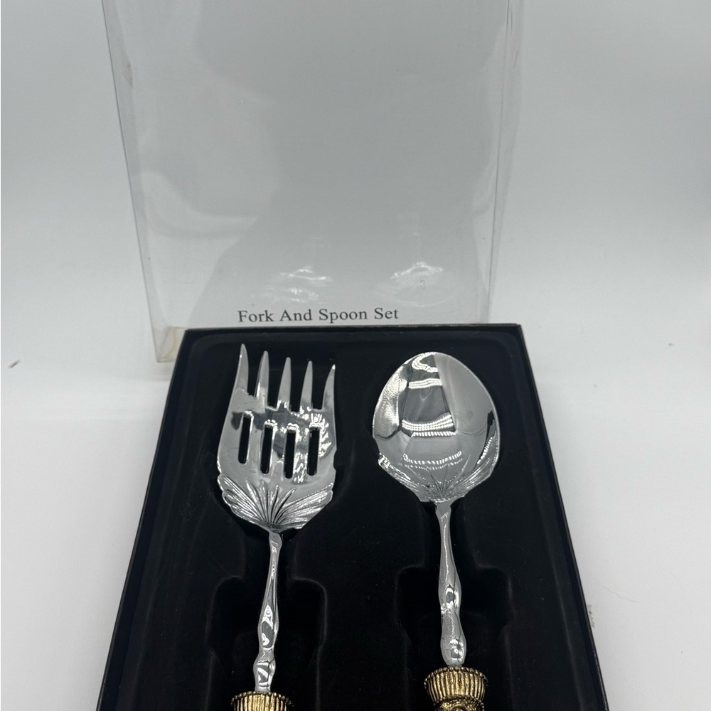 2 Saints Fork and Spoon Serving Set Ornate Bejeweled Amber Handles New Old Stock